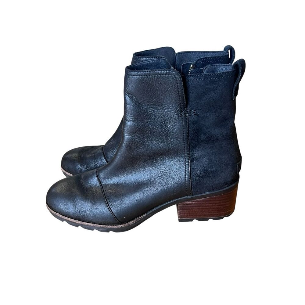 SOREL Cats Black Leather Zip Block Heel Lug Sole Waterproof Ankle Bootie 10.